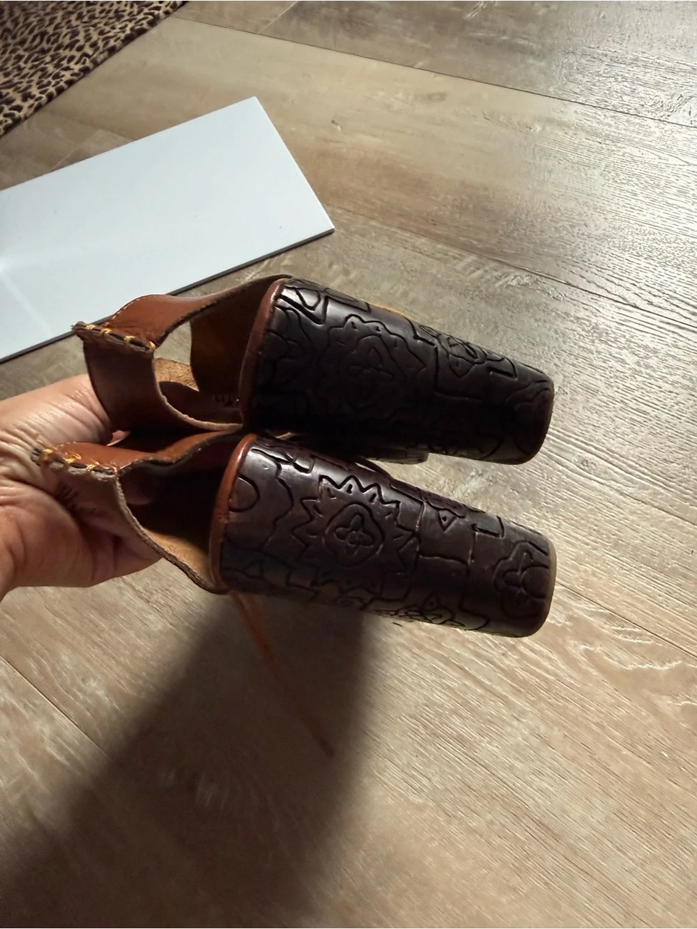 Free People Brown Cutout Platform Heels with Patterned Wood-Look Sole